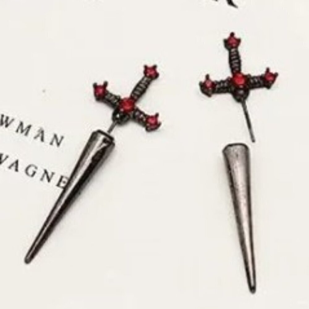 Unisex Gothic Punk Sword Stud Earrings Silver Alloy with Sparkling Red Crystals